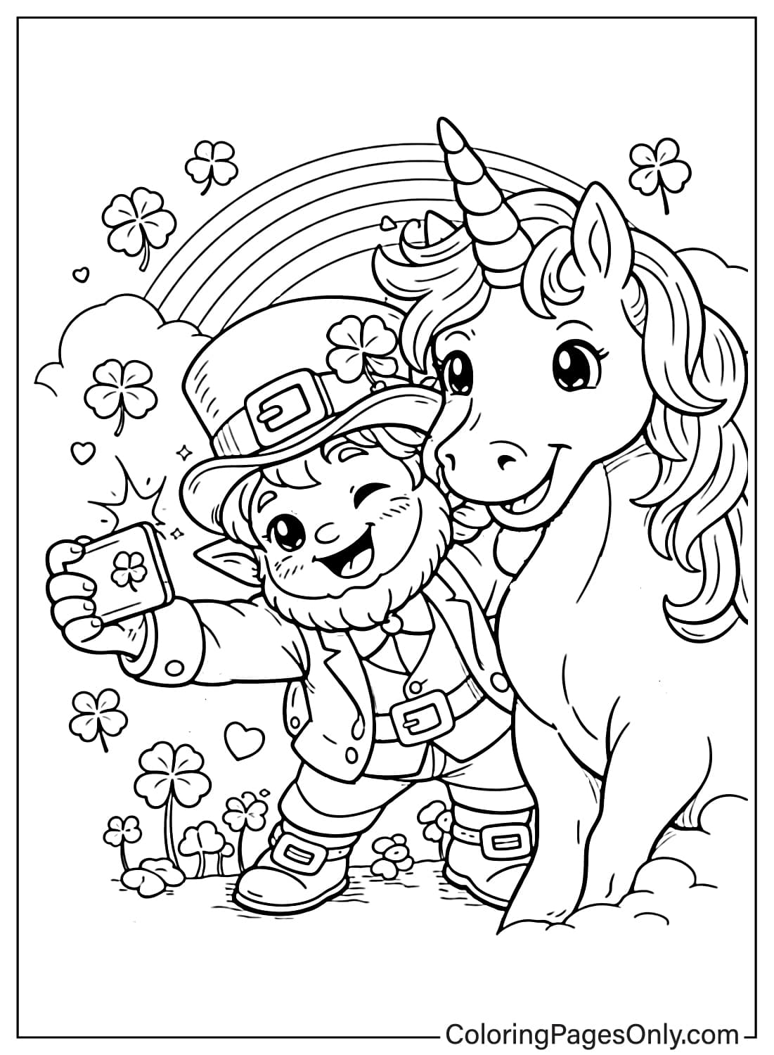 Leprechaun Taking Selfie With Unicorn Leprechaun Coloring Pages from Leprechaun