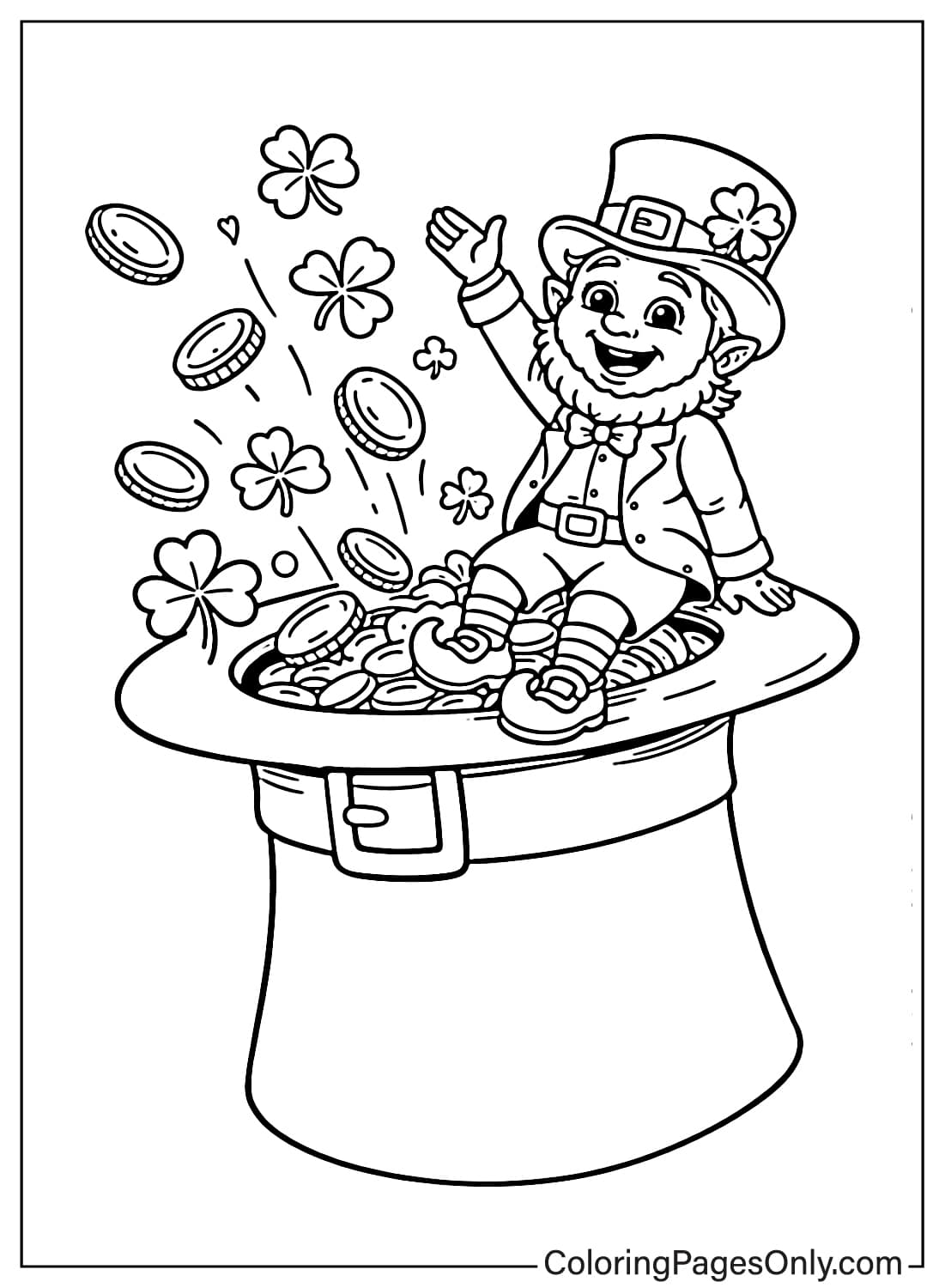 Leprechaun Sitting On Giant Hat With Gold Coins Leprechaun Coloring Pages from Leprechaun