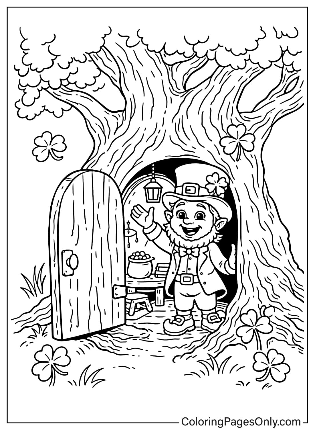Leprechaun Standing In Tree House Door Leprechaun Coloring Pages from Leprechaun
