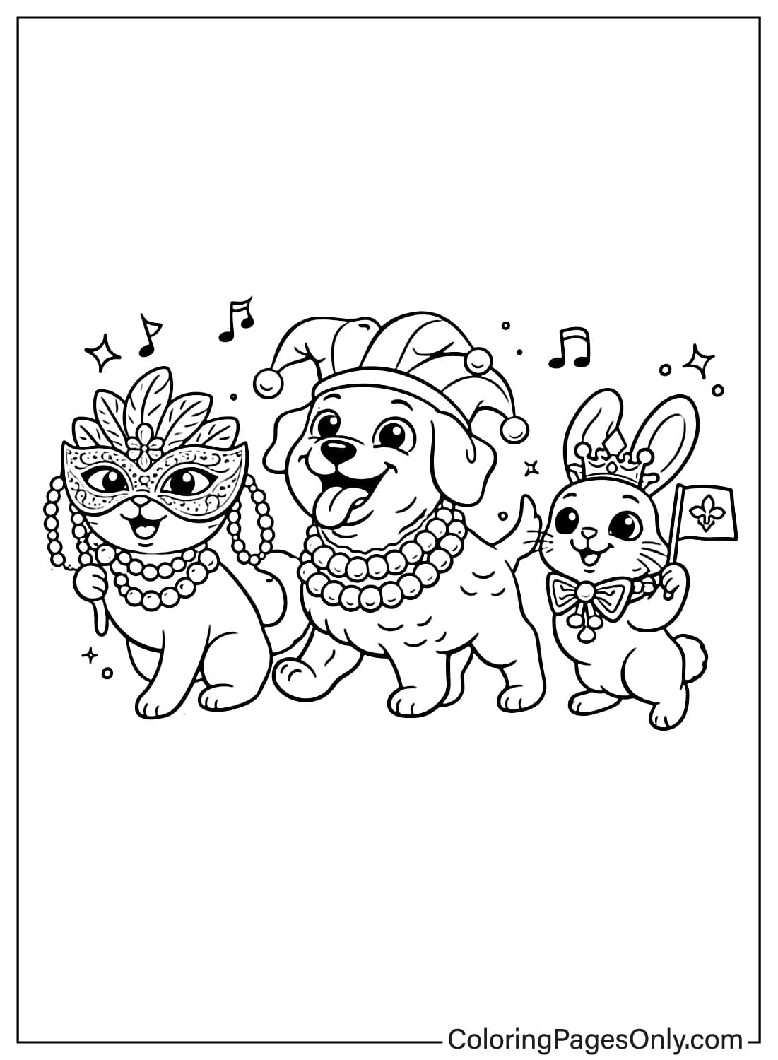 Mardi Gras Coloring Pages Pets With Masks And Beads from Mardi Gras