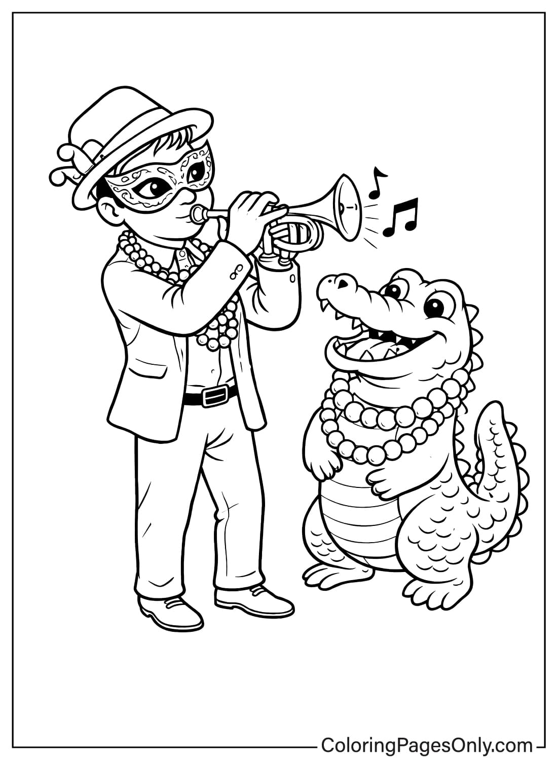 Mardi Gras Coloring Pages Trumpet Player And Alligator from Mardi Gras