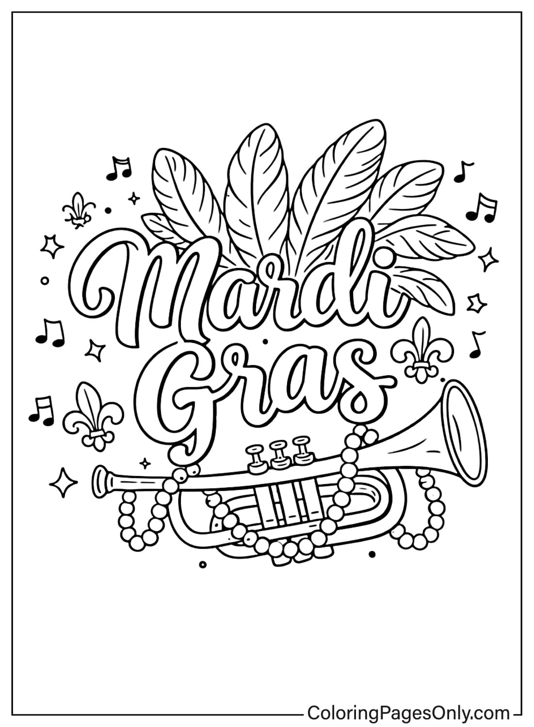 Mardi Gras Coloring Pages With Trumpet Feathers And Beads from Mardi Gras