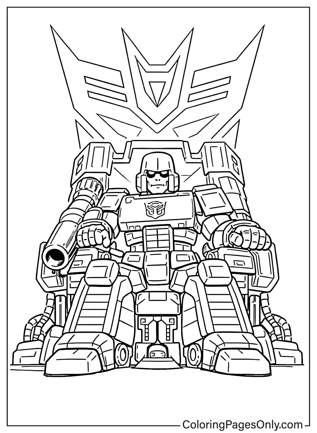 Megatron sitting on dark throne coloring page from Transformers