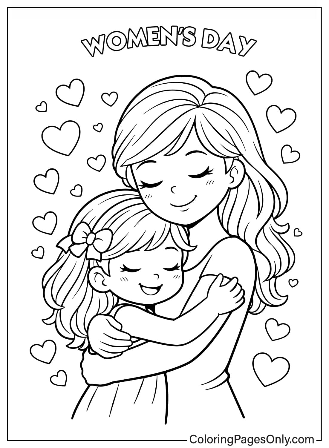 Mother Hugging Daughter With Hearts Womens Day Coloring Page from Women's Day