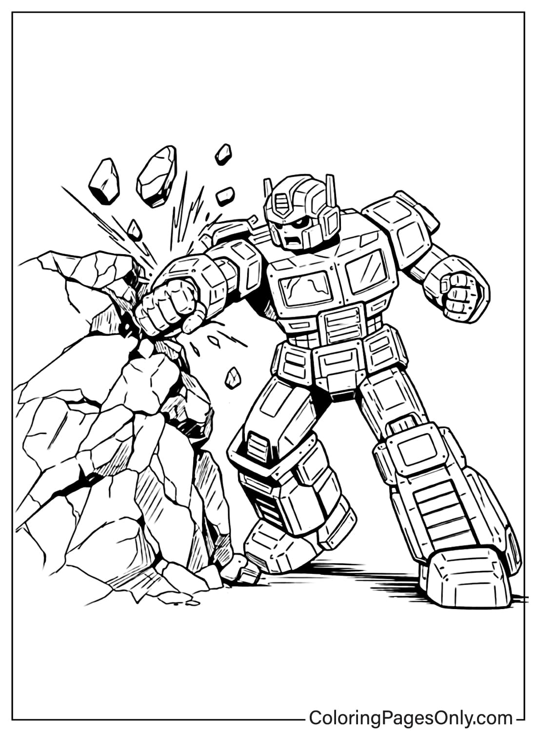 Optimus Prime smashing a large rock coloring page from Transformers