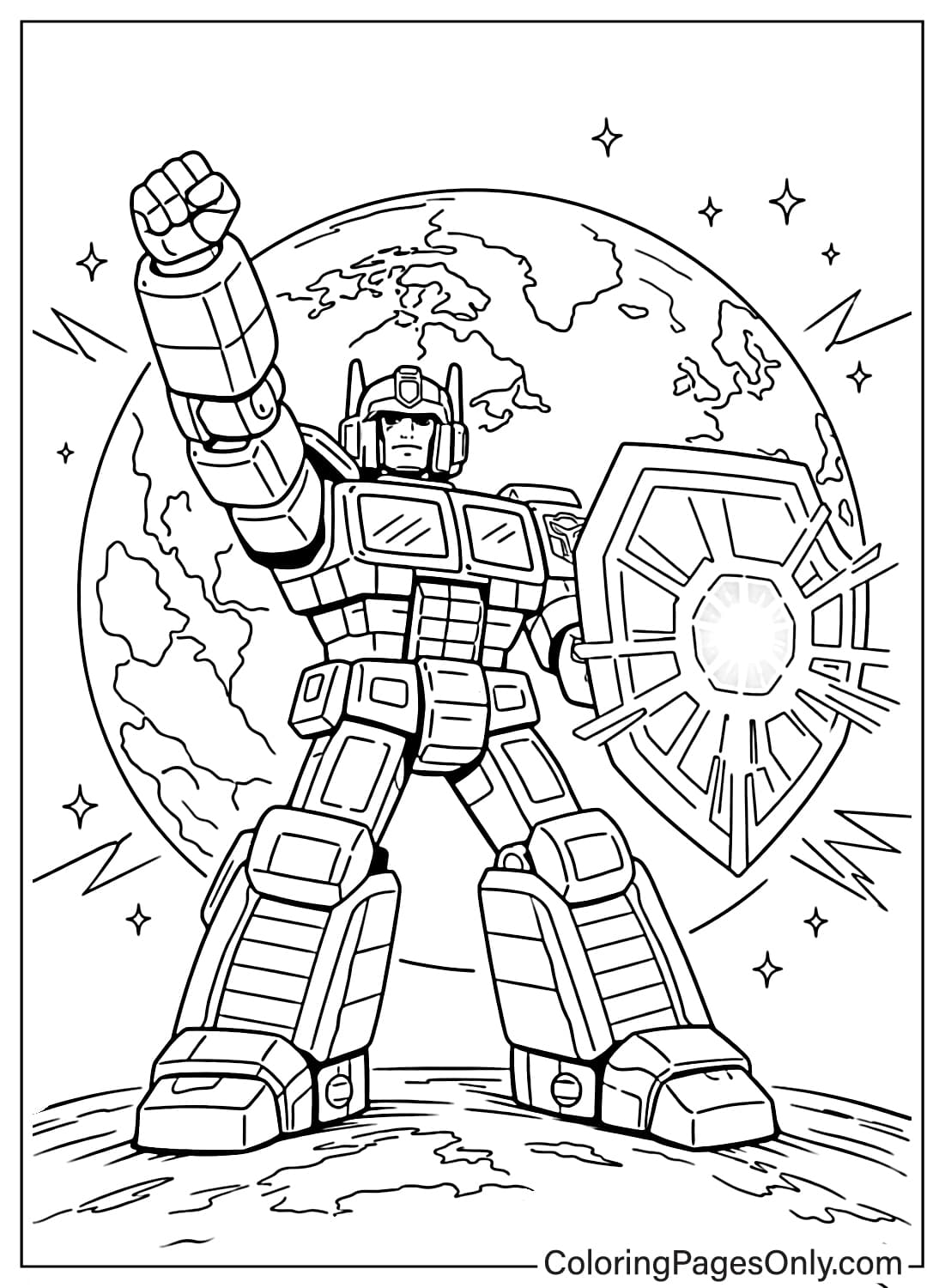 Transformers coloring pages with Optimus Prime protecting Earth from Transformers