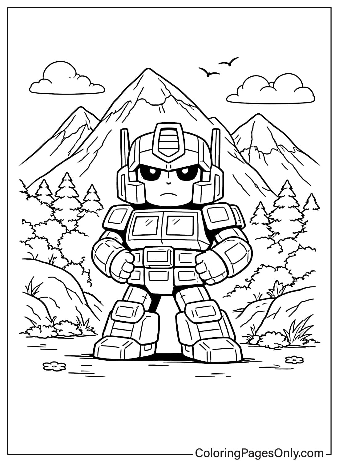 Optimus Prime standing with mountains coloring page from Transformers