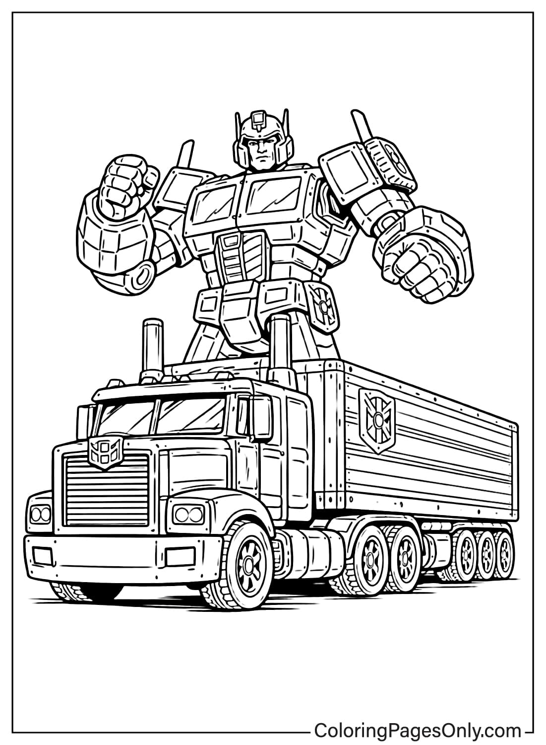 Transformers coloring pages with Optimus Prime truck transformation from Transformers