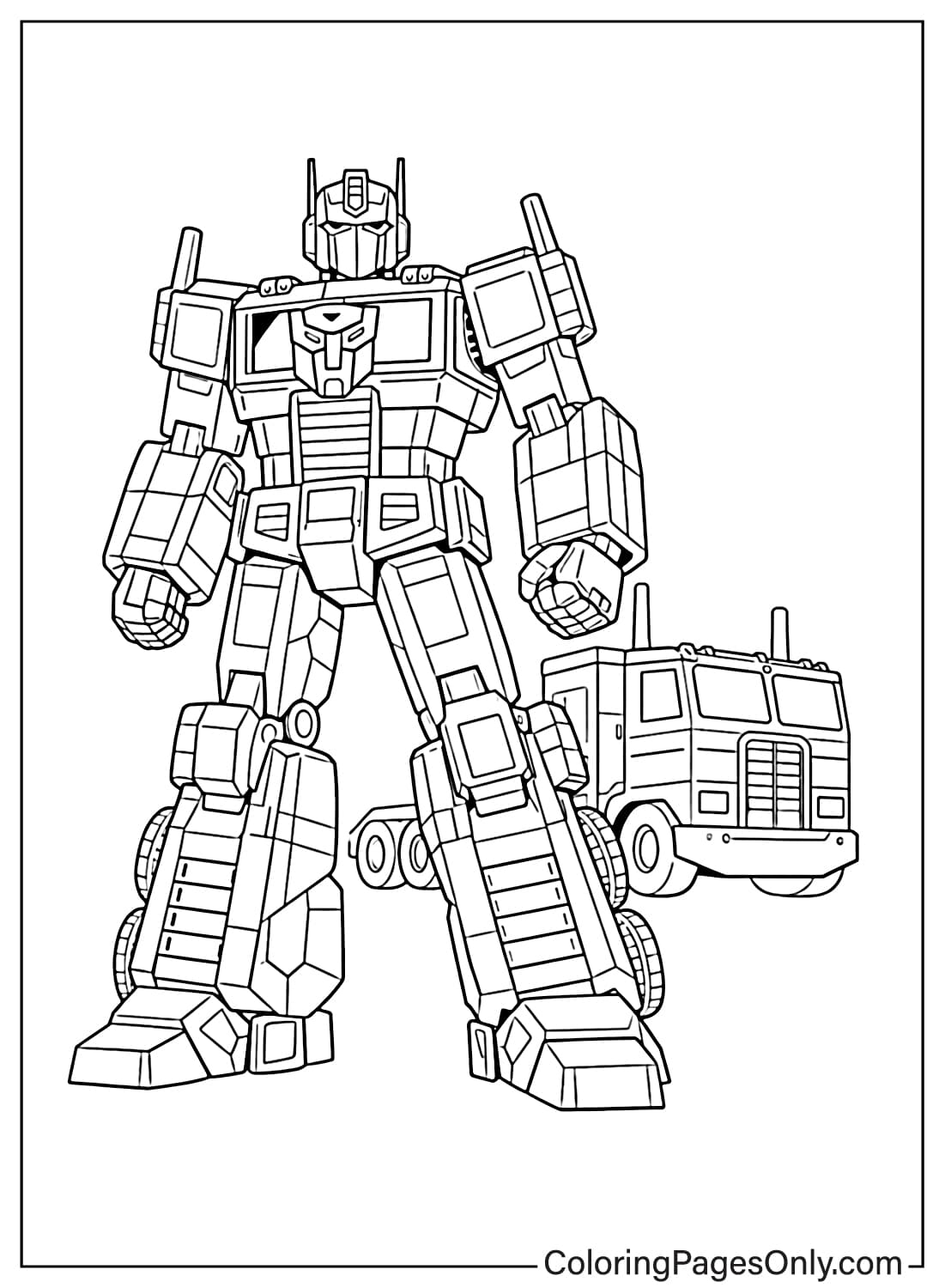Optimus Prime Coloring Pages robot standing with truck from Optimus Prime