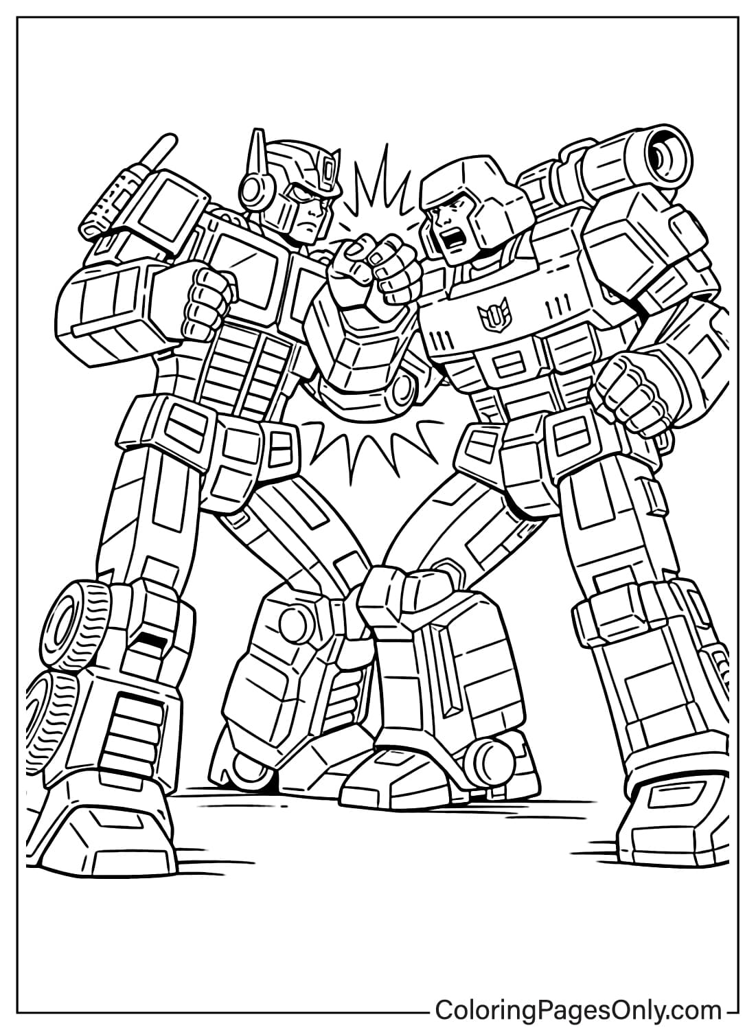 Transformers coloring pages showing Optimus fighting Megatron from Transformers