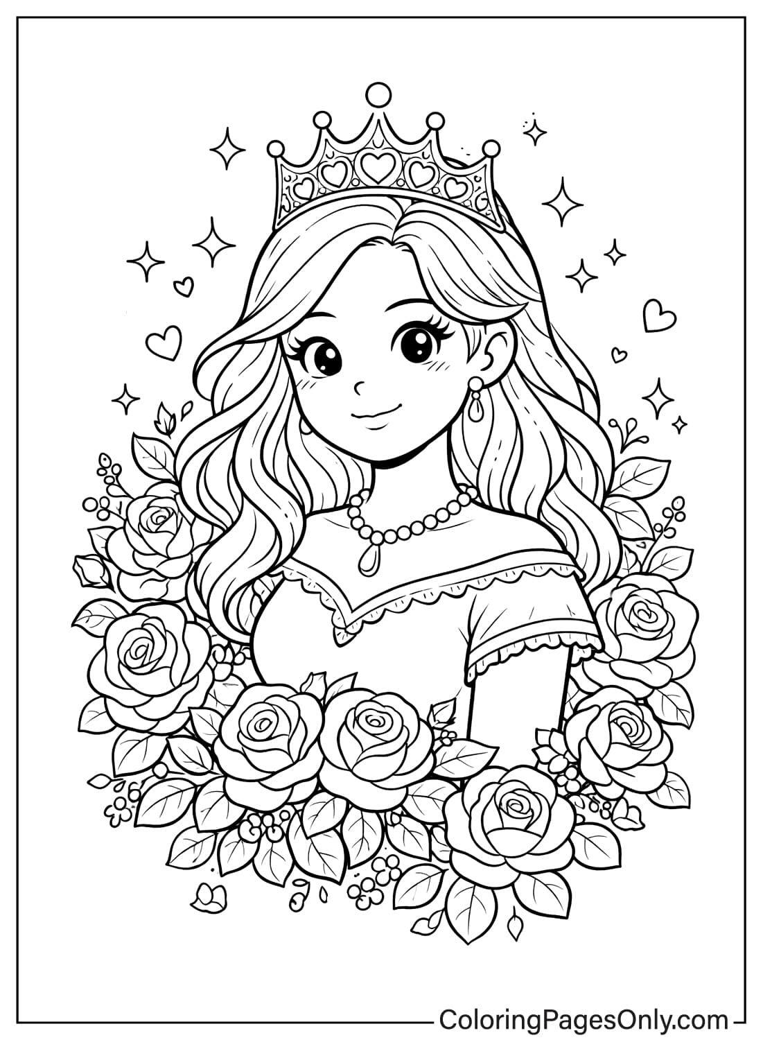 Princess Style Woman With Crown And Roses Womens Day Coloring Page from Women's Day