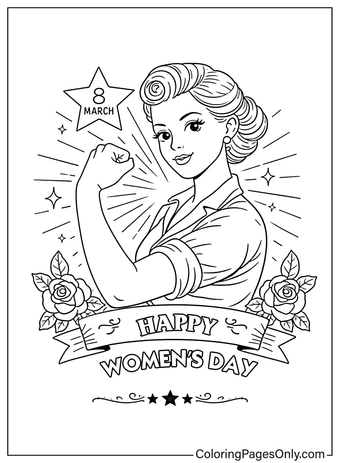 Strong Woman Raising Fist 8 March Womens Day Coloring Page from Women's Day