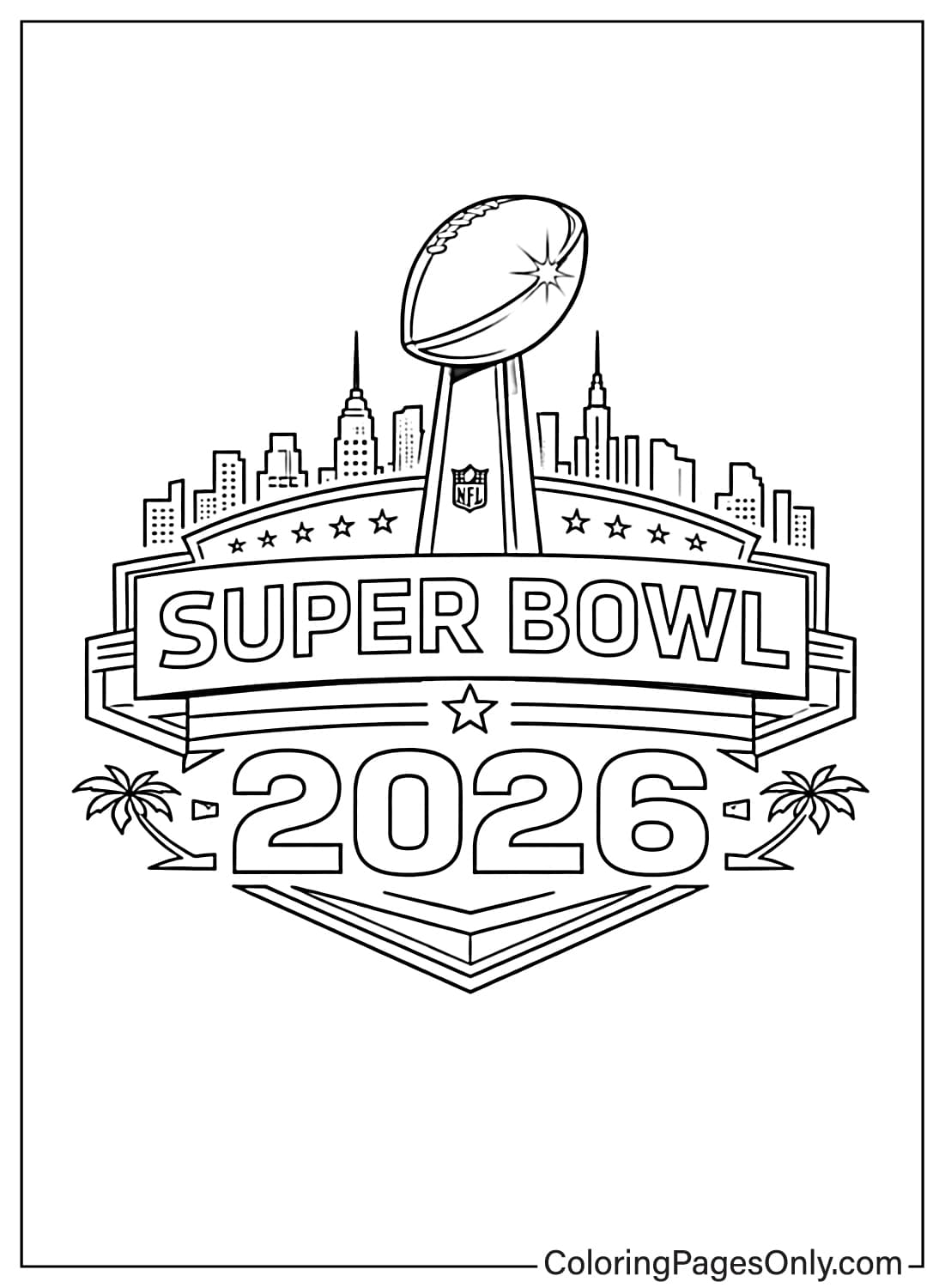 Super Bowl 2026 coloring page with trophy and city skyline from Super Bowl
