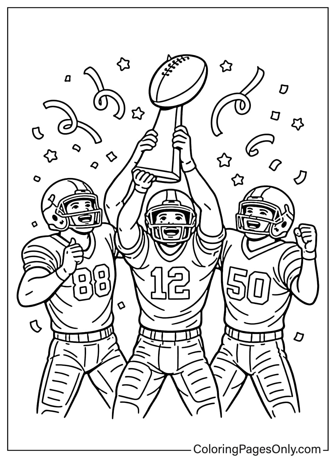 Super Bowl coloring page of players lifting trophy from Super Bowl