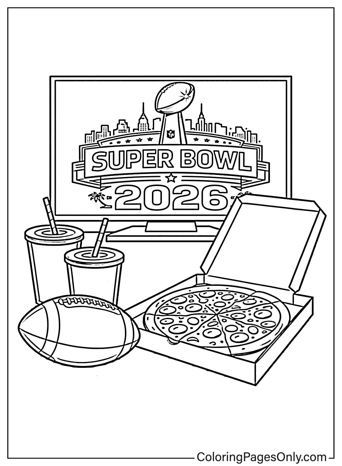 Super Bowl coloring page with pizza football and game night from Super Bowl