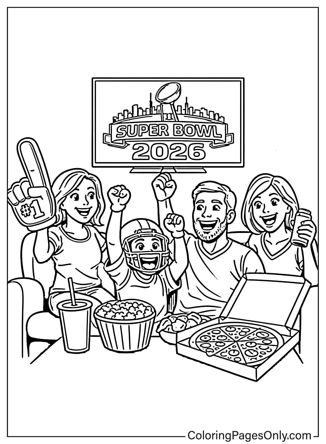 Super Bowl coloring page of family watching game from Super Bowl