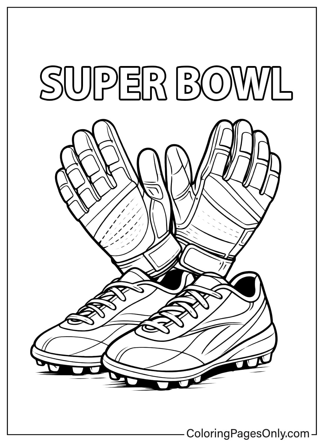 Super Bowl coloring page with gloves and football shoes from Super Bowl