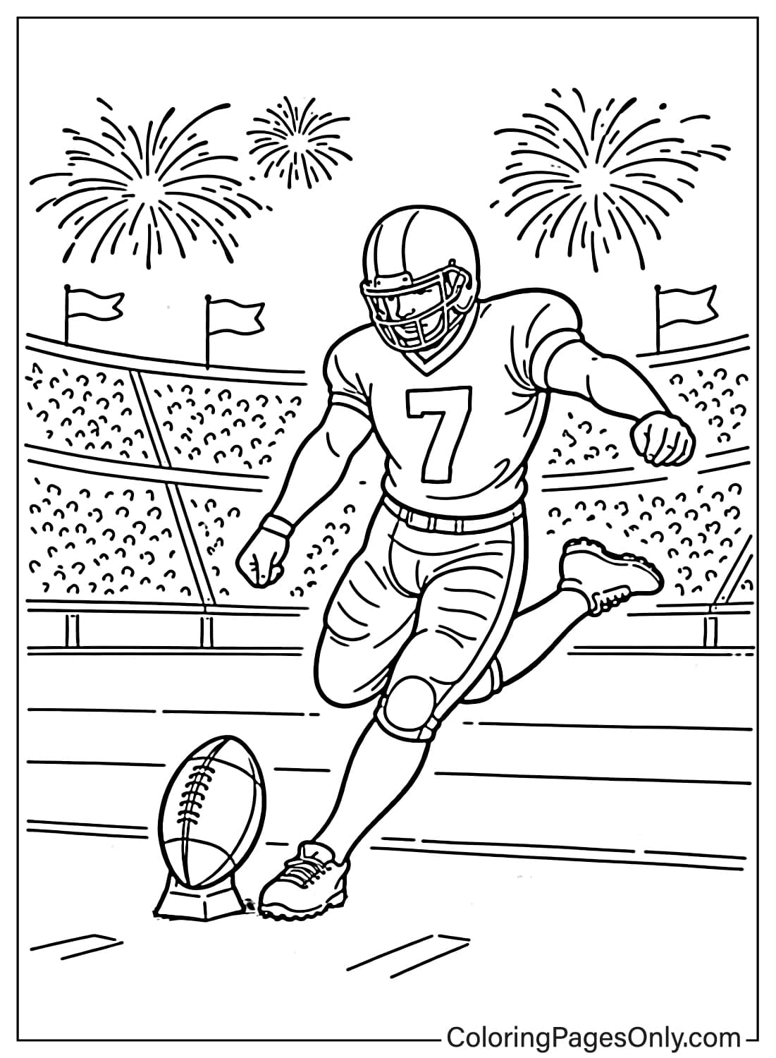 Super Bowl coloring page of football kickoff moment from Super Bowl