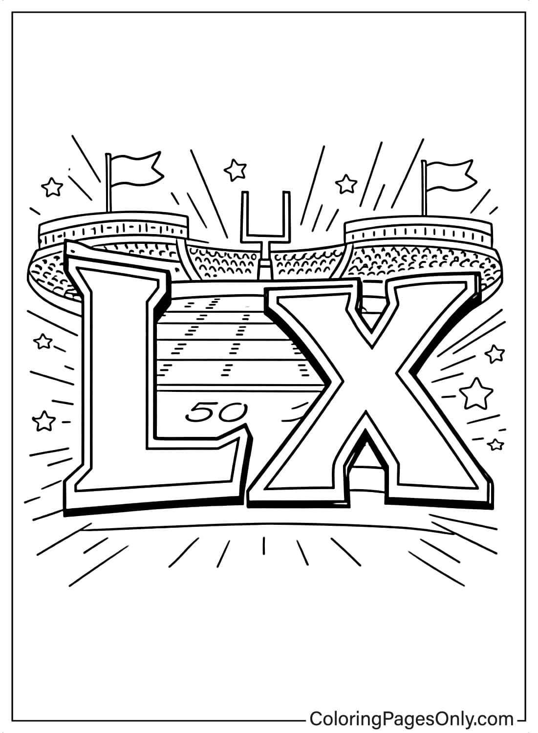 Super Bowl LX coloring page with stadium and field view from Super Bowl