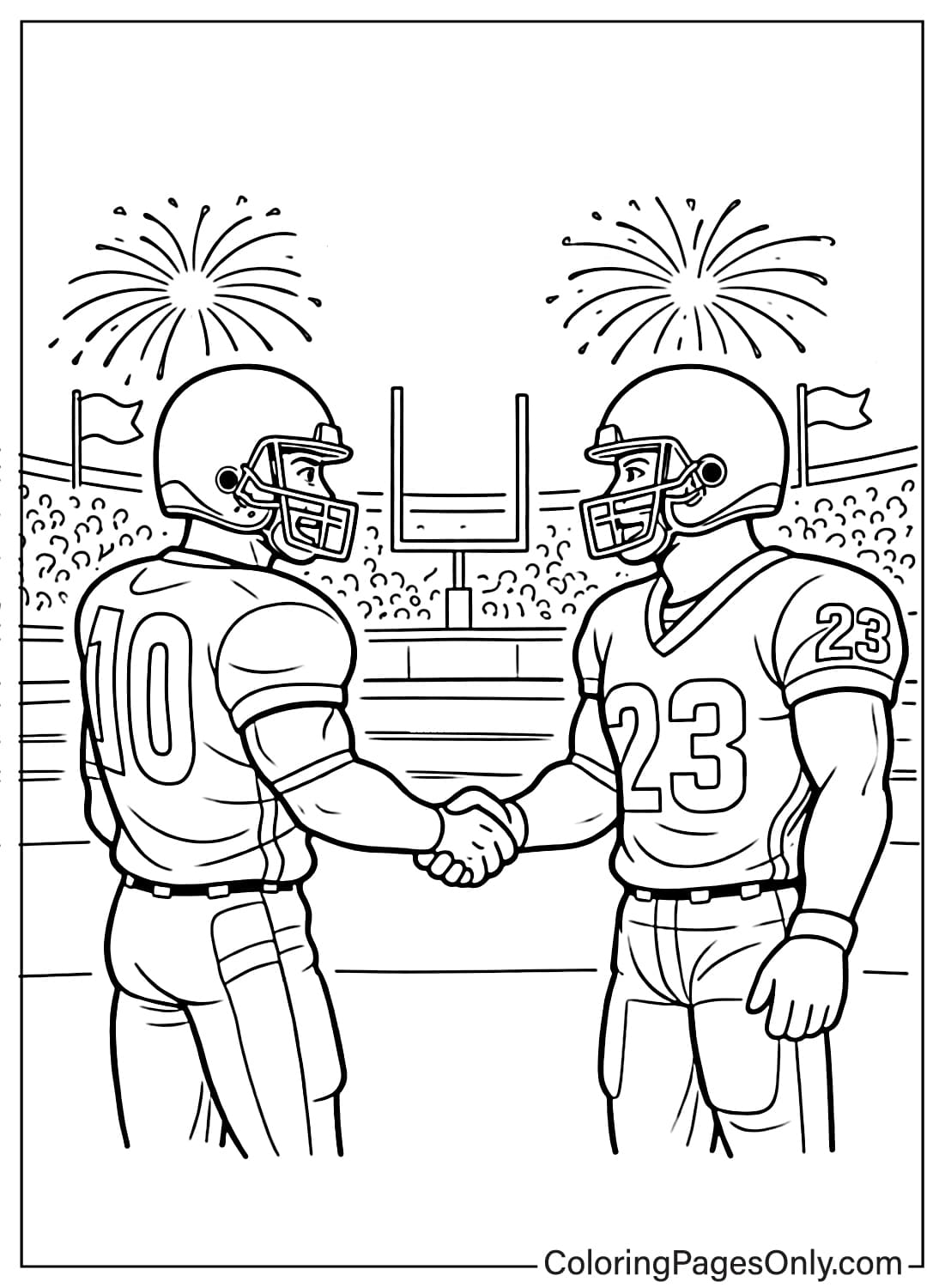 Super Bowl coloring page of football players handshake from Super Bowl
