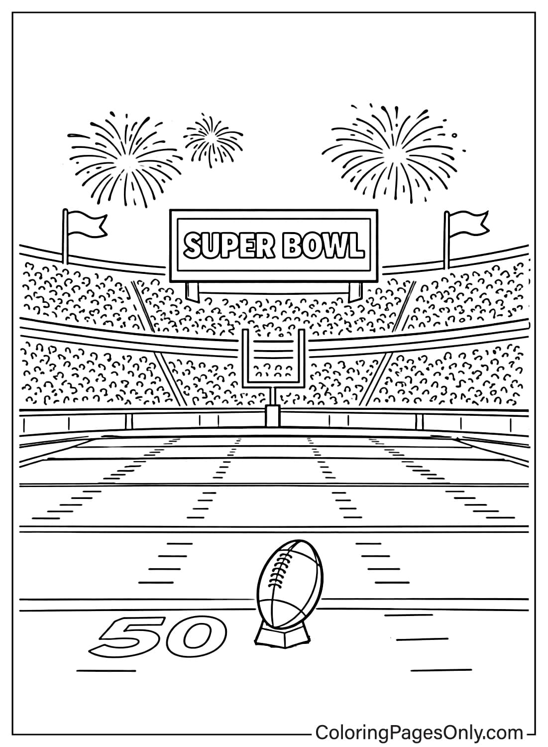Super Bowl coloring page with football field and stadium view from Super Bowl