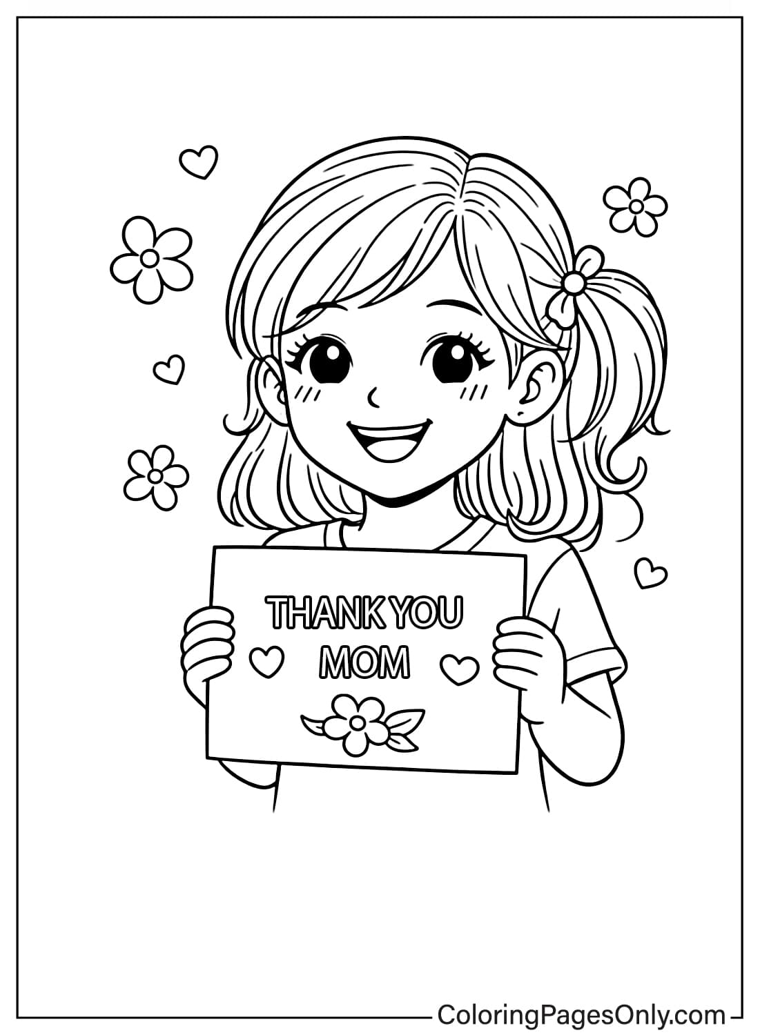 Cute Girl Holding Thank You Mom Card Womens Day Coloring Page from Women's Day