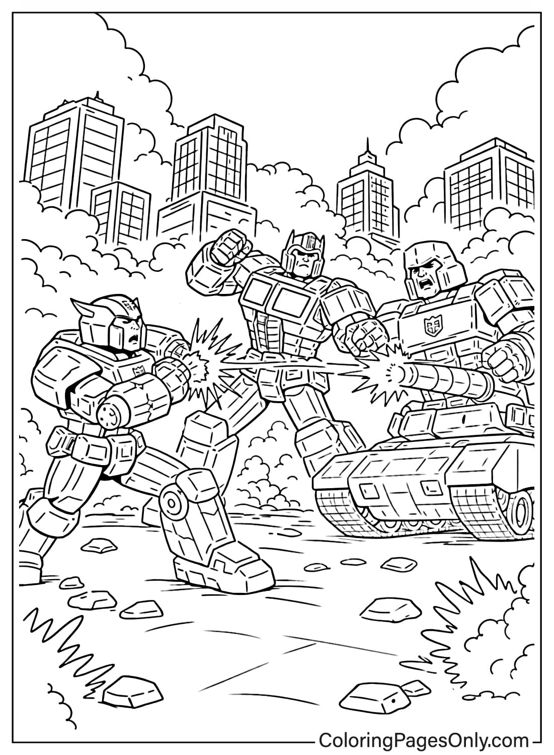 Transformers coloring pages featuring robots fighting in city from Transformers