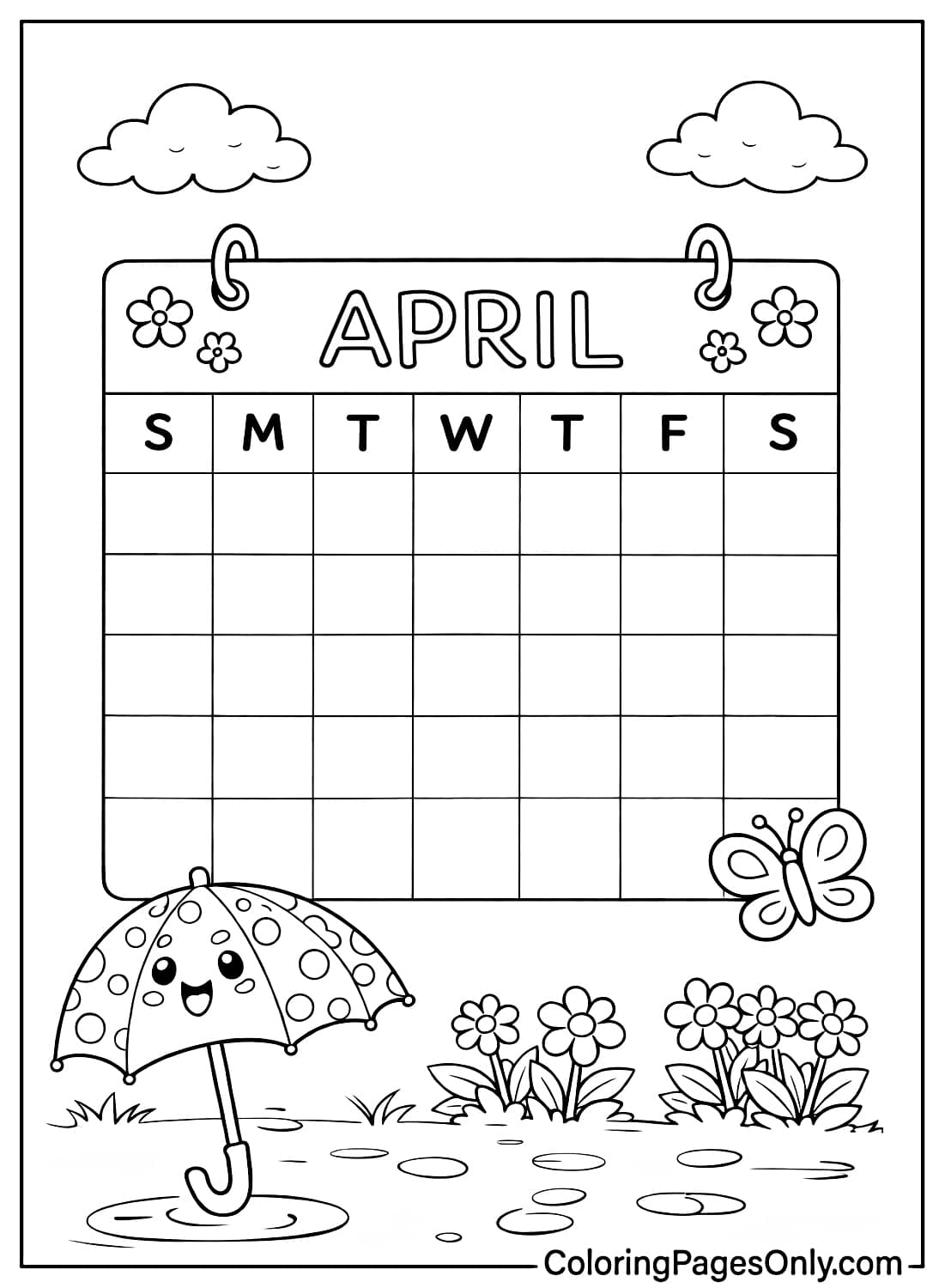 Simple April calendar coloring page with umbrella, butterfly and spring flowers from April 2026