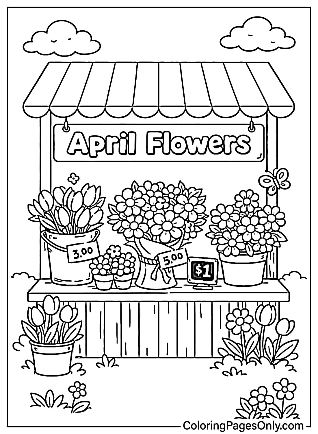 April flower shop stall with spring bouquets and price tags coloring page from April 2026