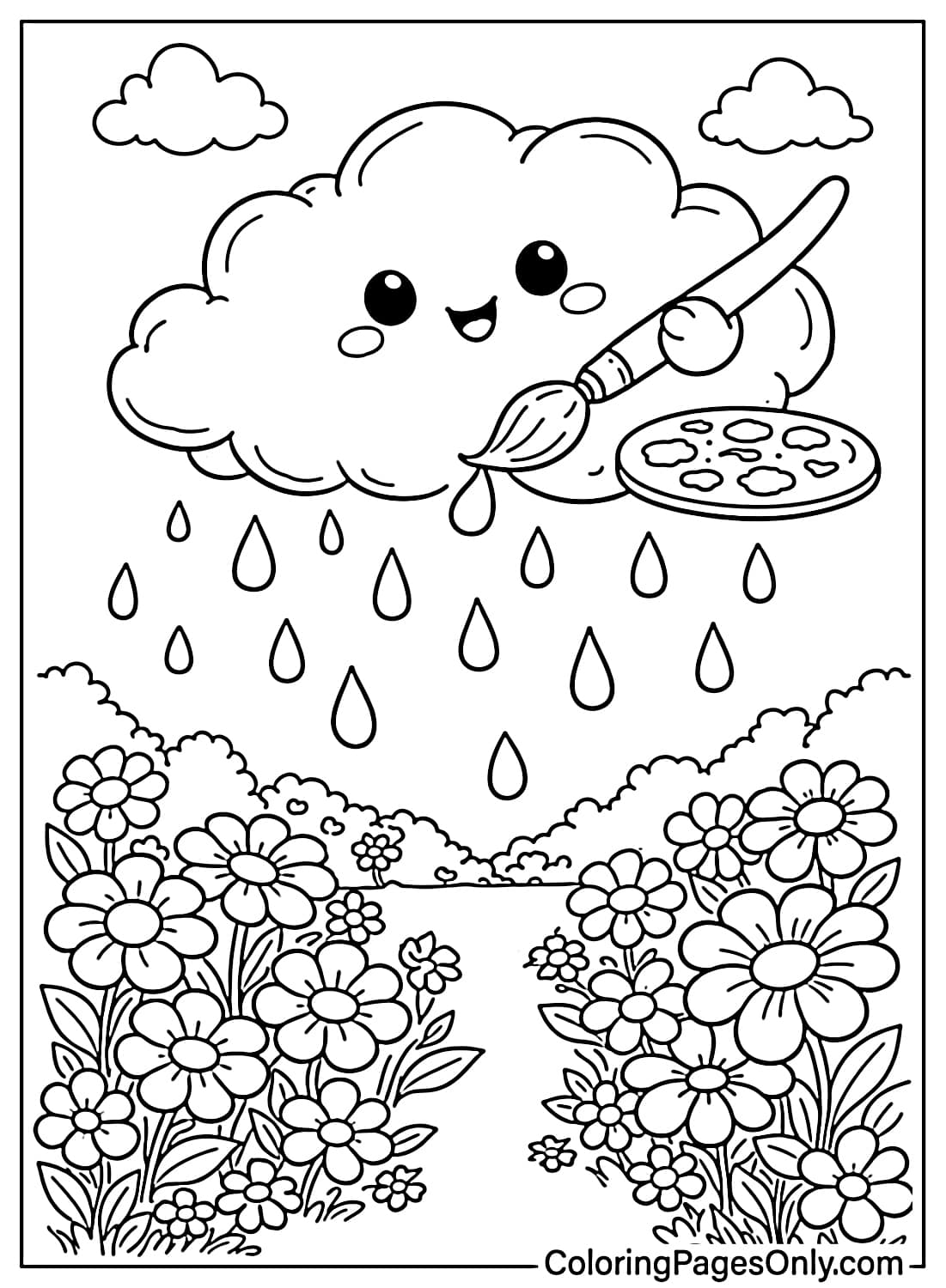 Cute rain cloud painting spring flowers during April rain coloring page from April 2026