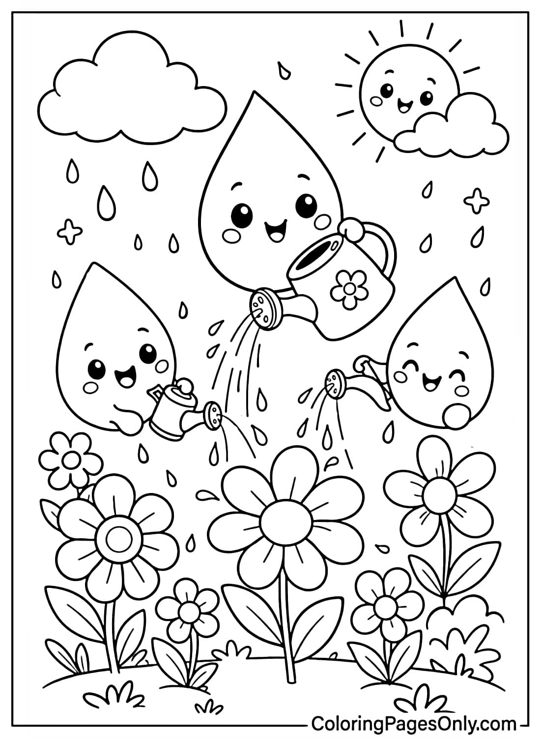 Happy raindrops watering spring flowers in an April rain coloring page from April 2026