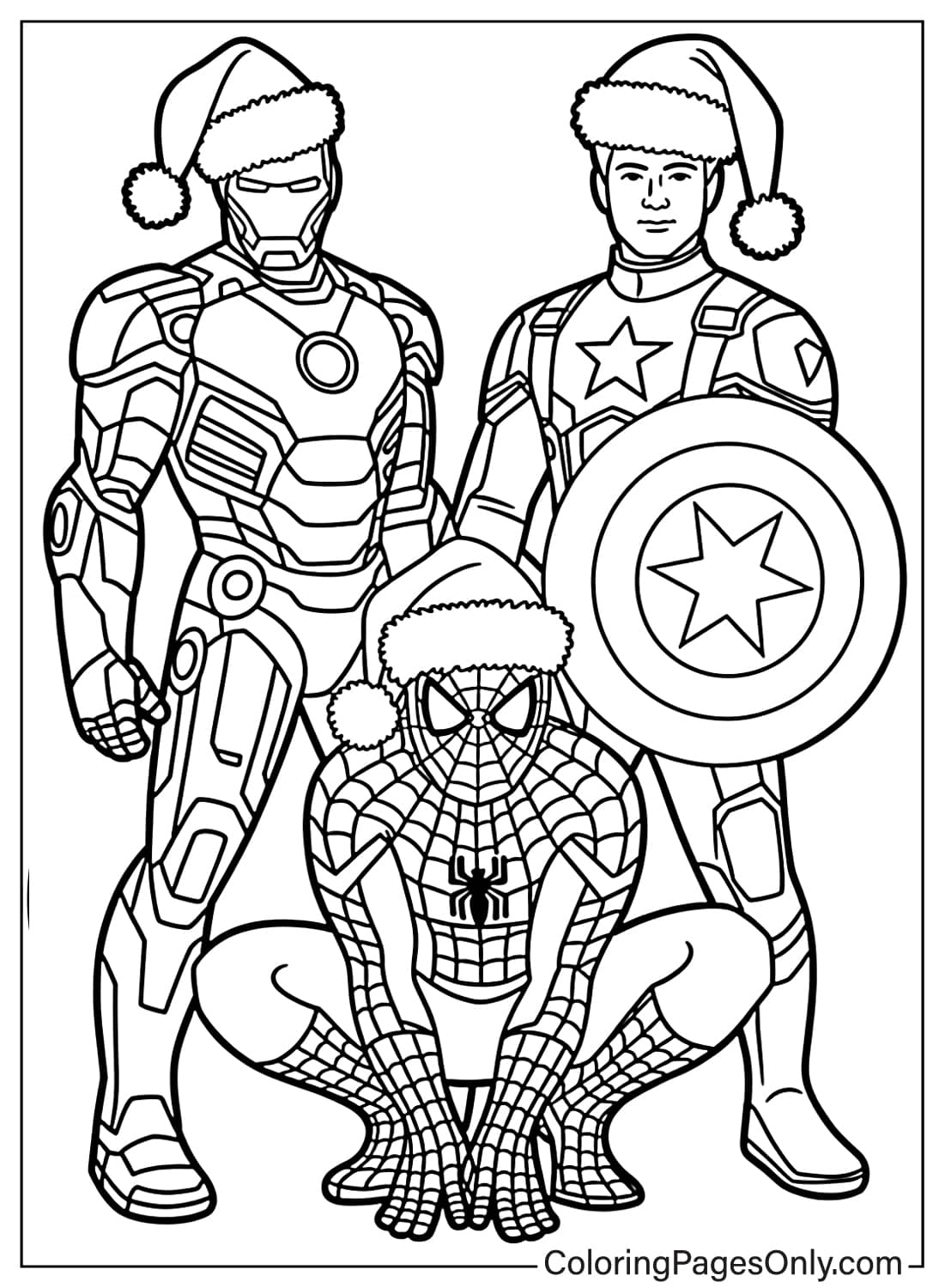 Avengers Coloring Pages Christmas Spider-Man Iron Man and Captain America wearing Santa hats from Avengers