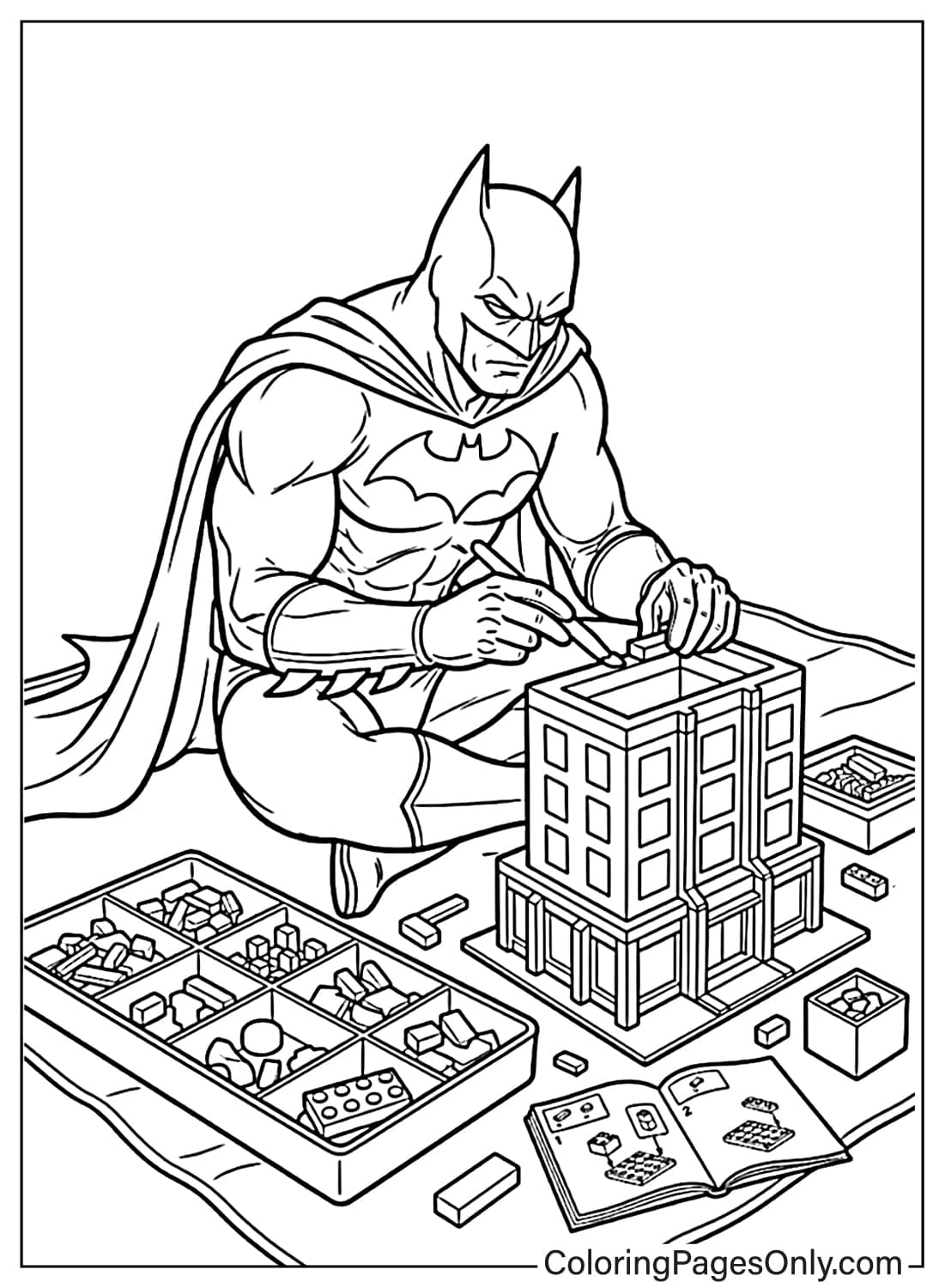 A coloring page of Batman sitting cross-legged, focused on assembling a detailed architectural model with Lego bricks. from Batman
