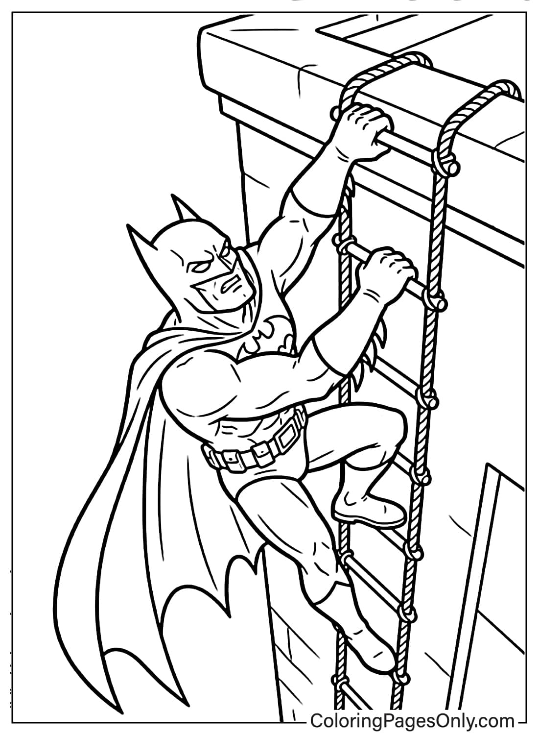 A printable coloring page showing Batman scaled a building using a rope ladder, seen from an upward angle. from Batman