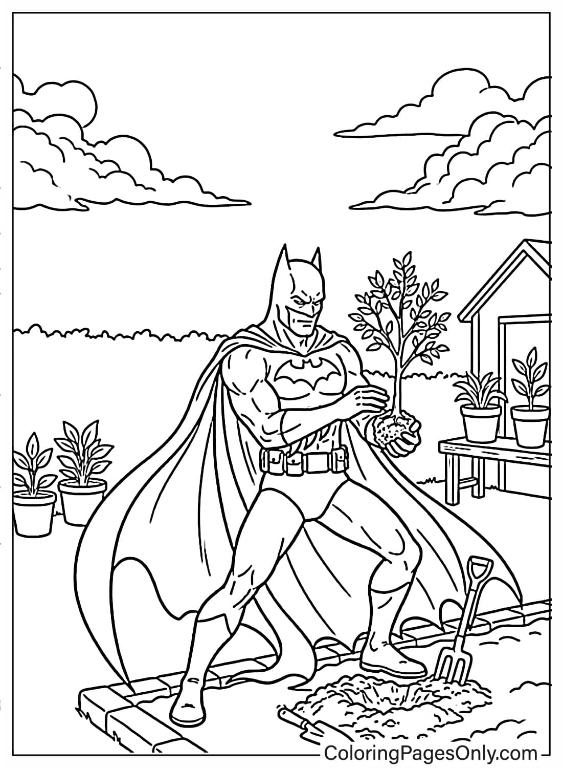 n educational coloring page of Batman planting a small tree in a garden from Batman