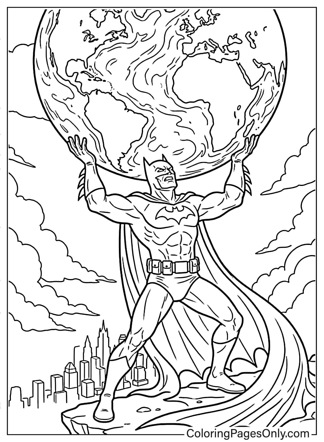 powerful coloring page showing Batman lifting a large globe over his head from Batman