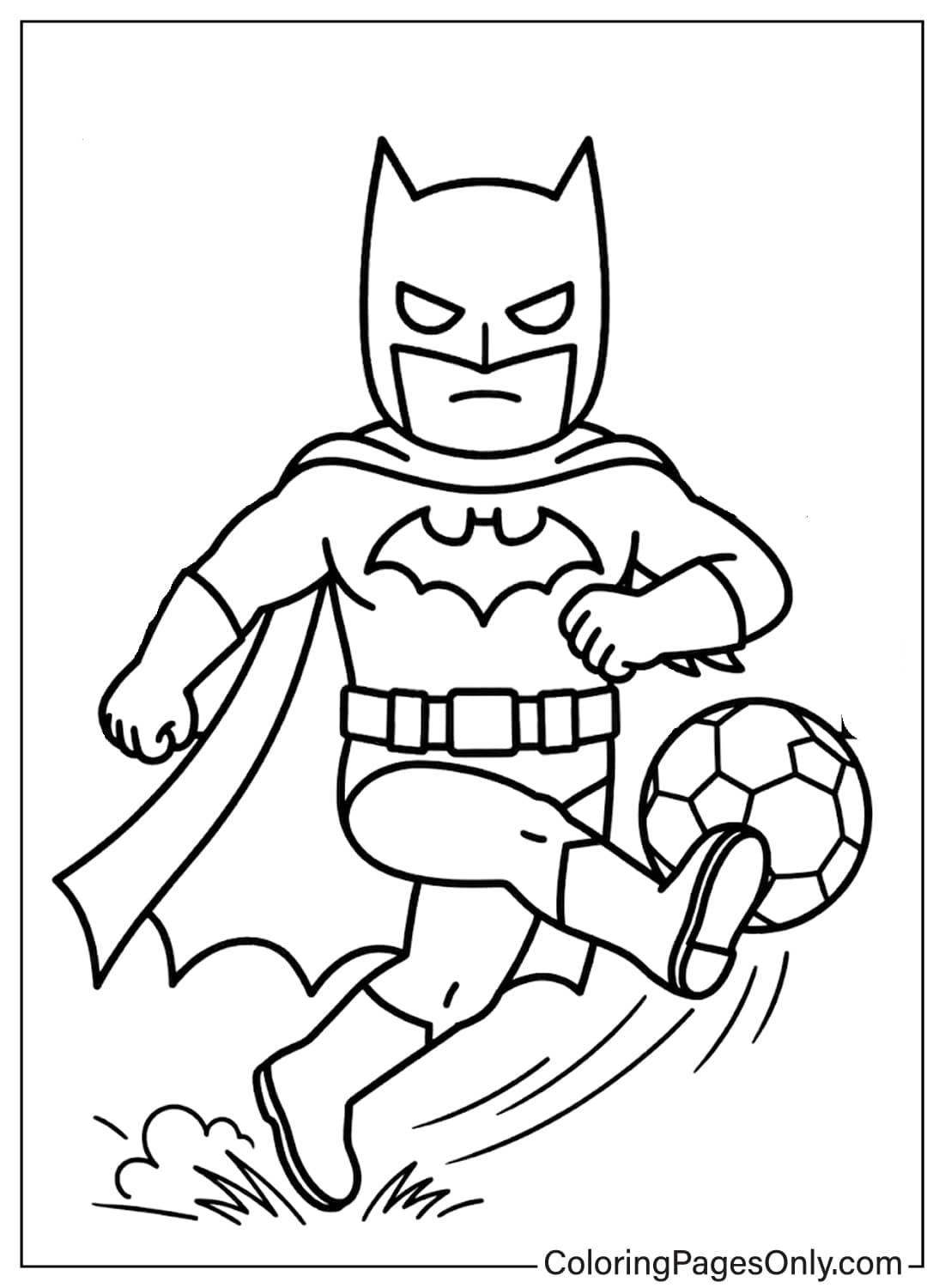 A printable coloring page showing Batman in his costume, actively kicking a soccer ball. from Batman