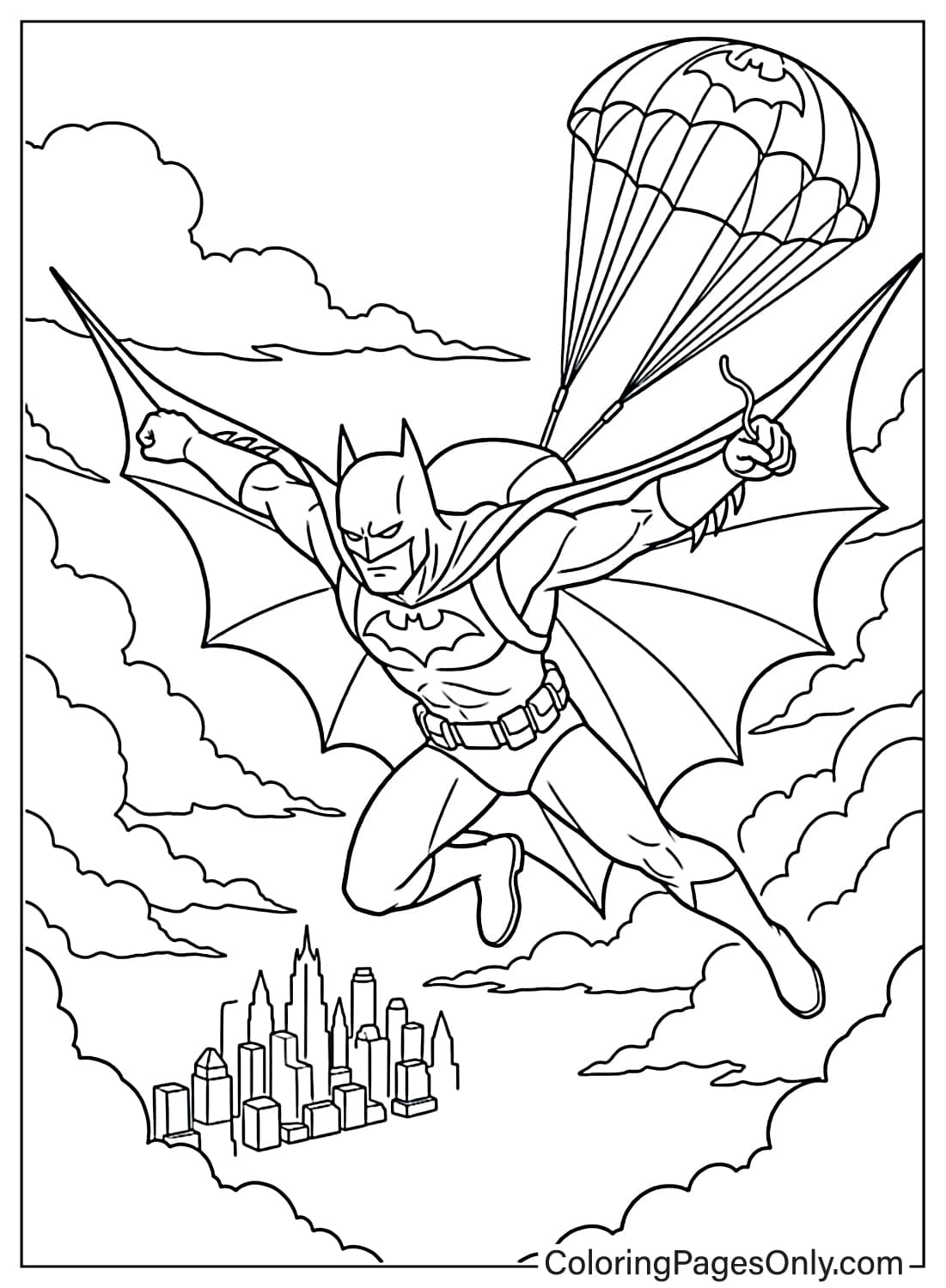 A coloring sheet showing Batman with a bat-logo parachute, gliding over a city skyline. from Batman