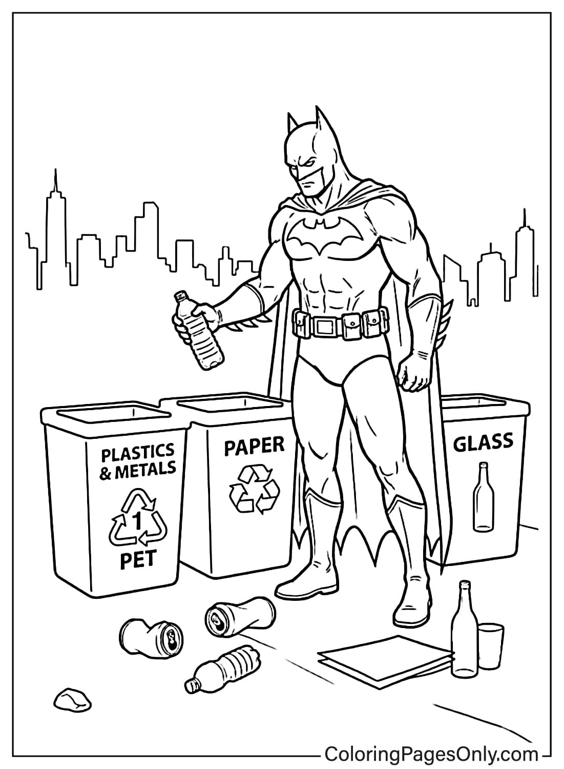 A detailed line drawing of Batman standing in front of three sorting bins, holding a plastic bottle to recycle. from Batman