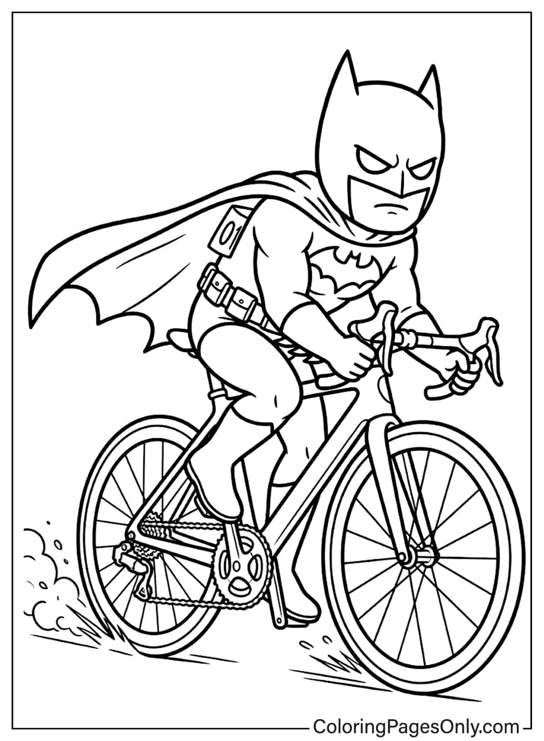 A line art coloring page of Batman in his cowl and cape, riding a bicycle with speed lines. from Batman