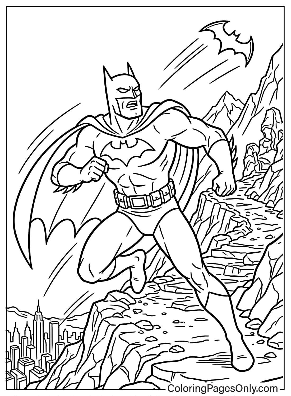 A coloring page depicting Batman running across a narrow mountain ledge, with a distant city below. from Batman