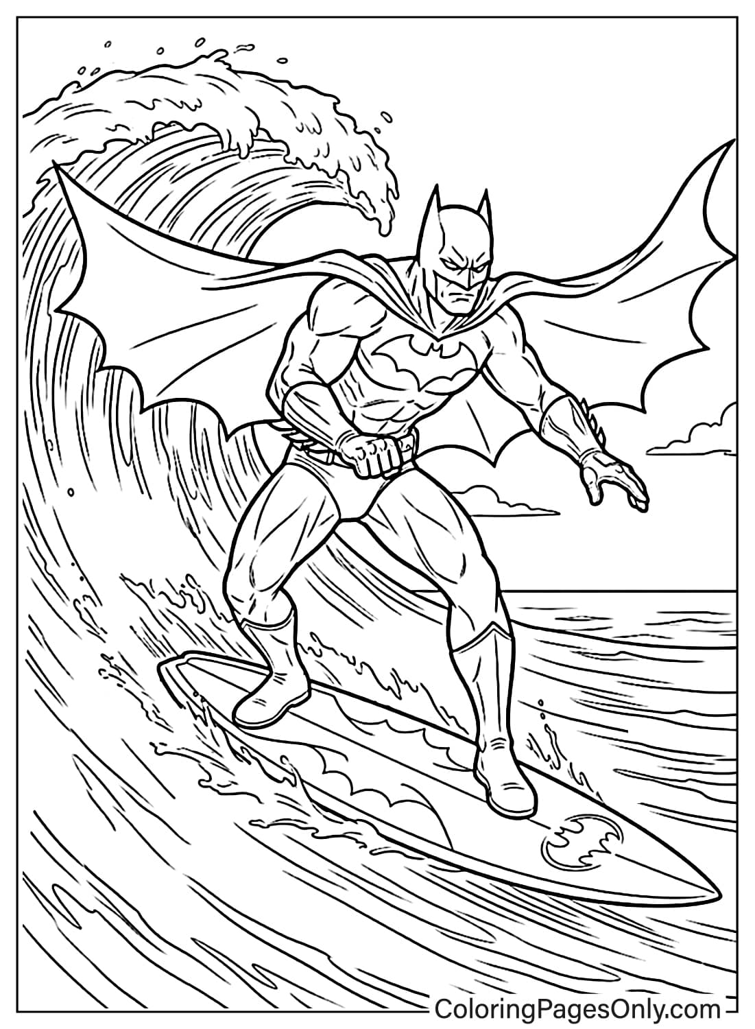 A line art illustration for coloring, featuring Batman on a surfboard, riding a large ocean wave. from Batman
