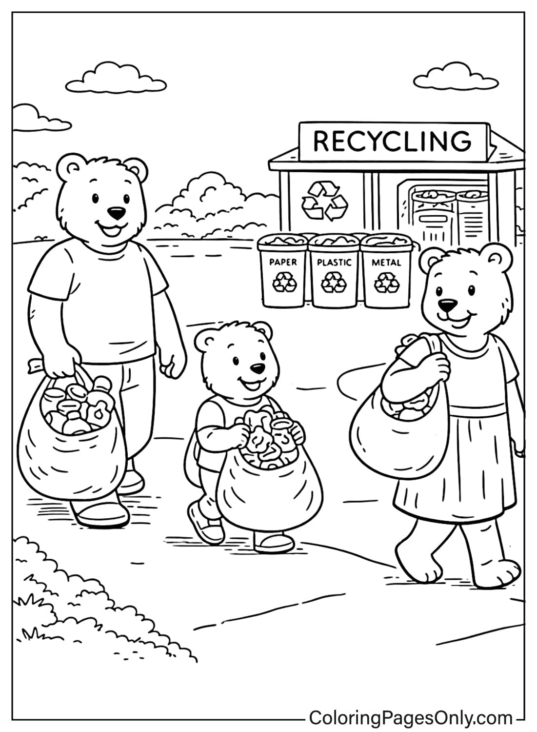 Cute bear family bringing recyclable items to recycling station coloring page from Recycling