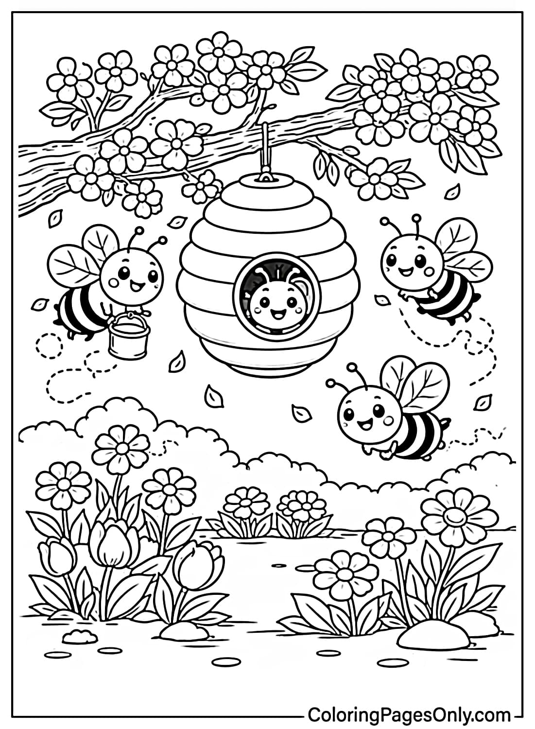 Cute bees flying around a hive on a blooming spring tree coloring page from April 2026