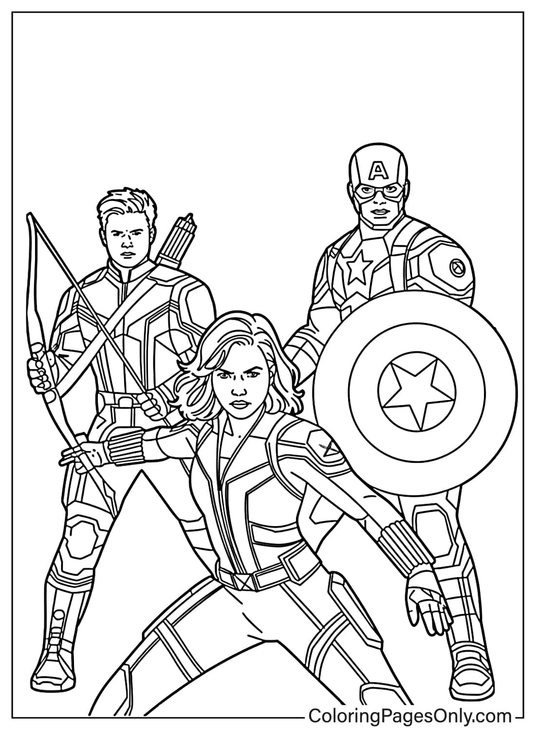 Avengers Coloring Pages Black Widow Hawkeye and Captain America team pose from Avengers