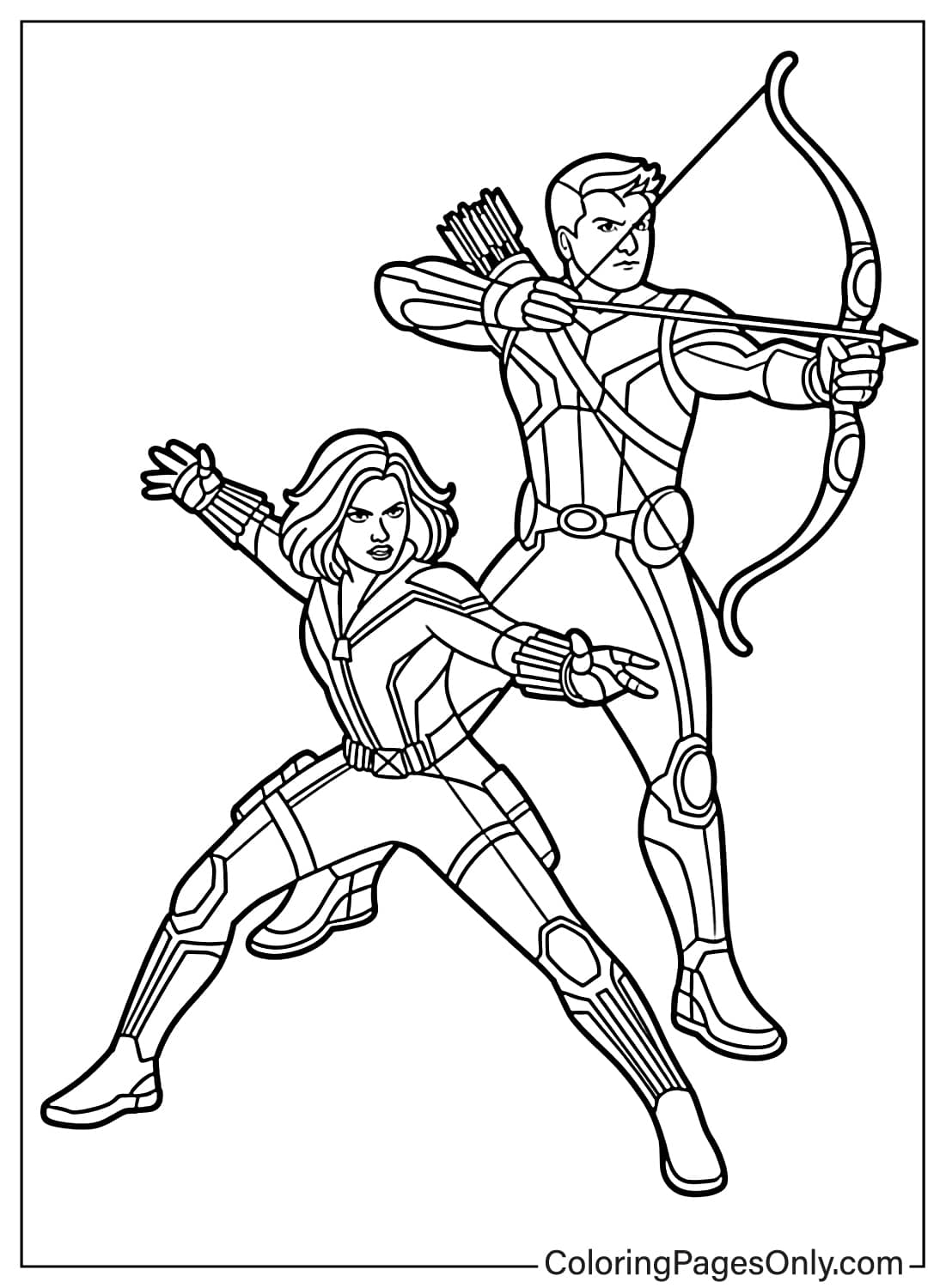 Avengers Coloring Pages Black Widow and Hawkeye fighting pose with bow and batons from Avengers