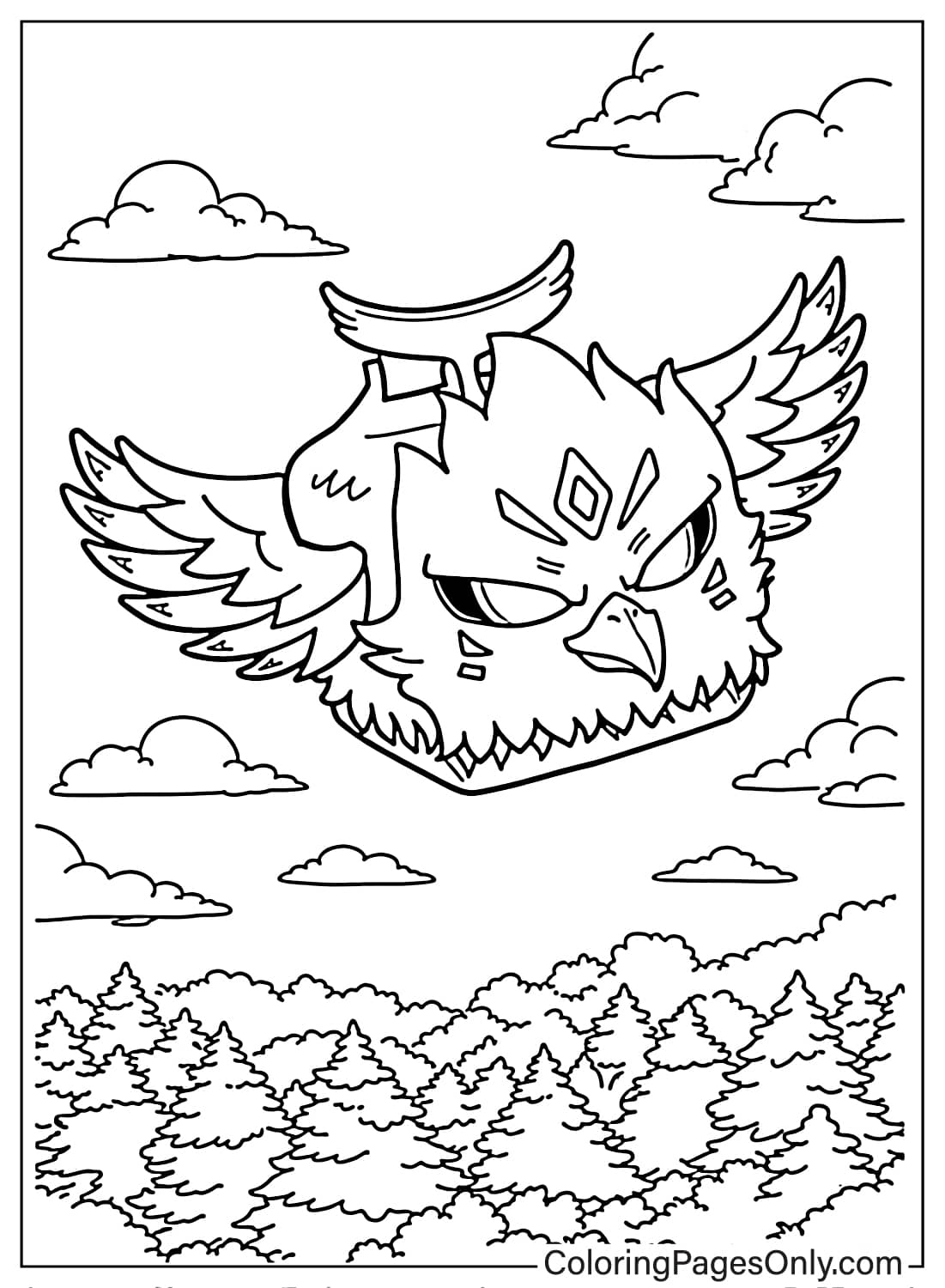 Eagle Fruit Blox Fruits flying over forest coloring page from Blox Fruits