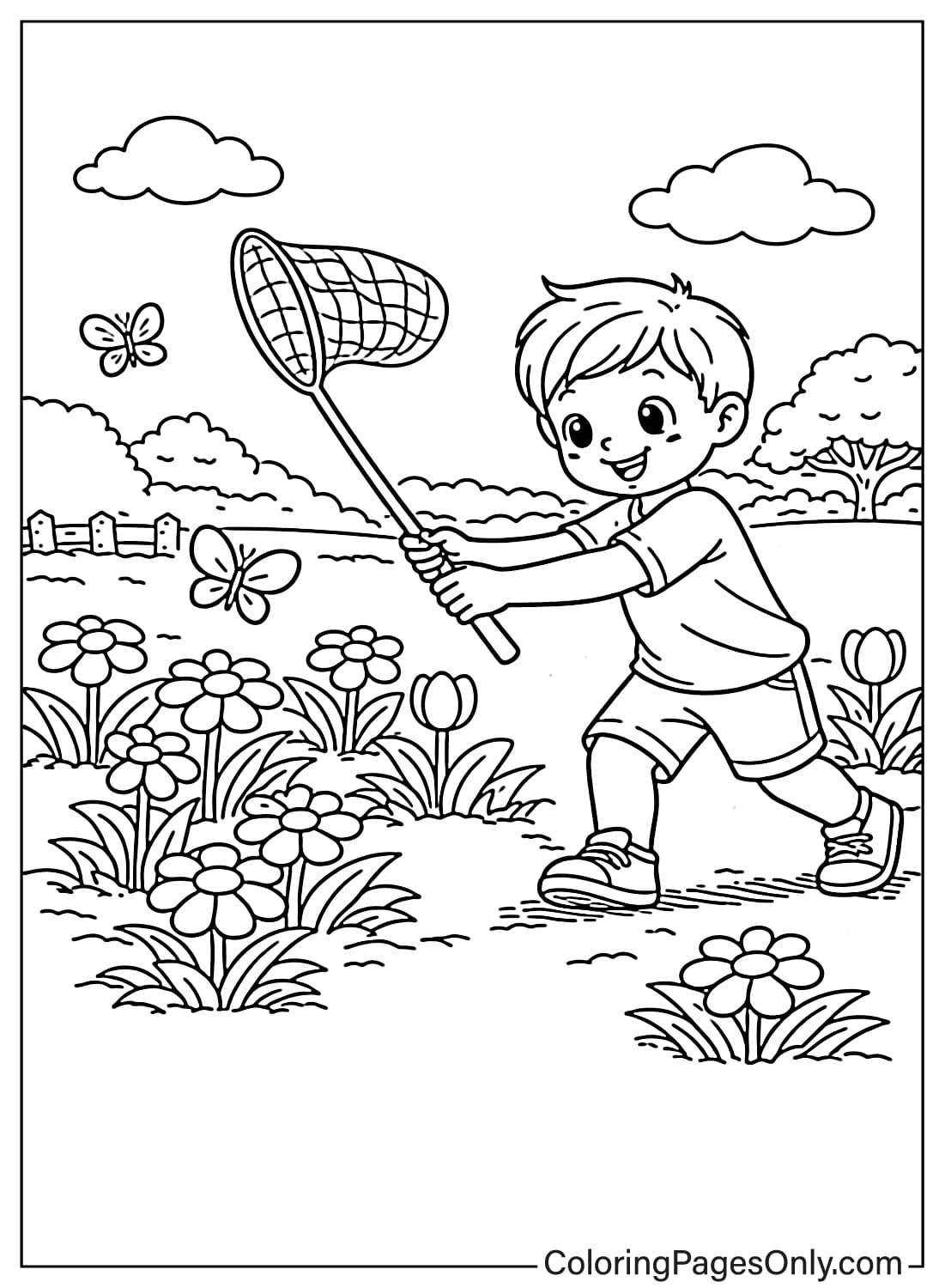 Spring Coloring Pages Boy Catching Butterfly In Flower Garden from Spring