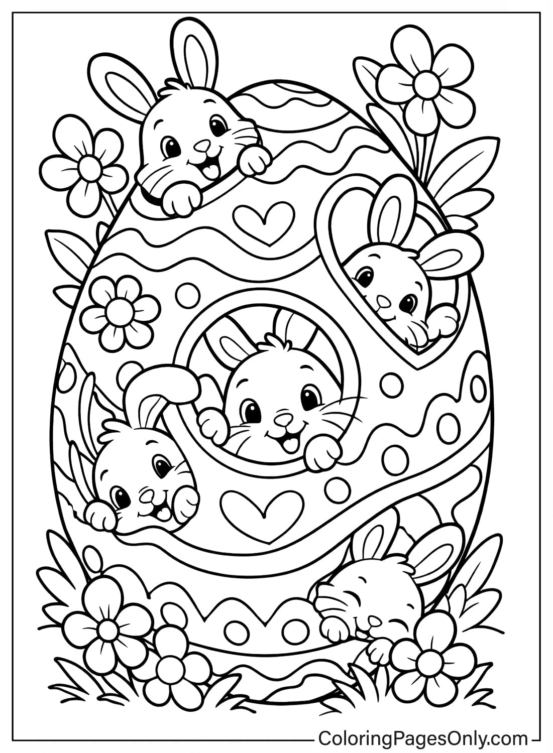 Cute bunnies popping out of a giant decorated Easter egg coloring pag from Easter Eggs