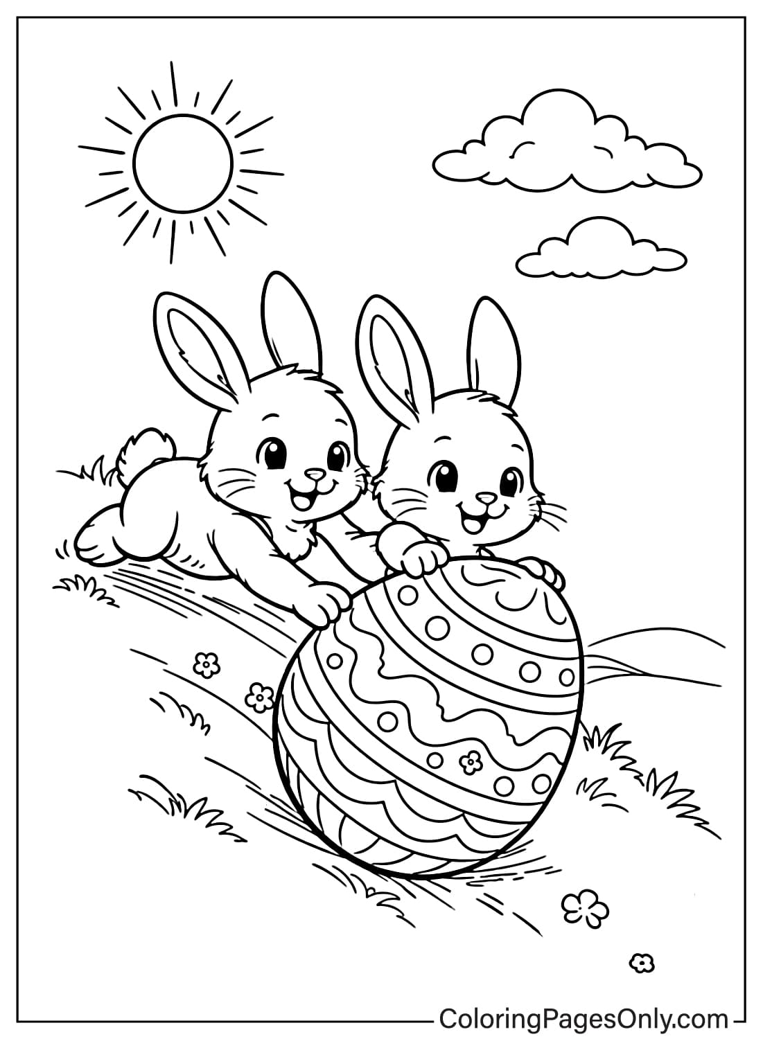 Two cute bunnies rolling a decorated Easter egg down a hill coloring page from Easter Eggs